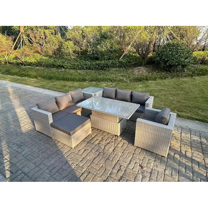 Fimous Rattan Garden Funiture Set Adjustable Rising Lifting Table Sofa Dining Set Side Coffee Tea Table Chair Footstool