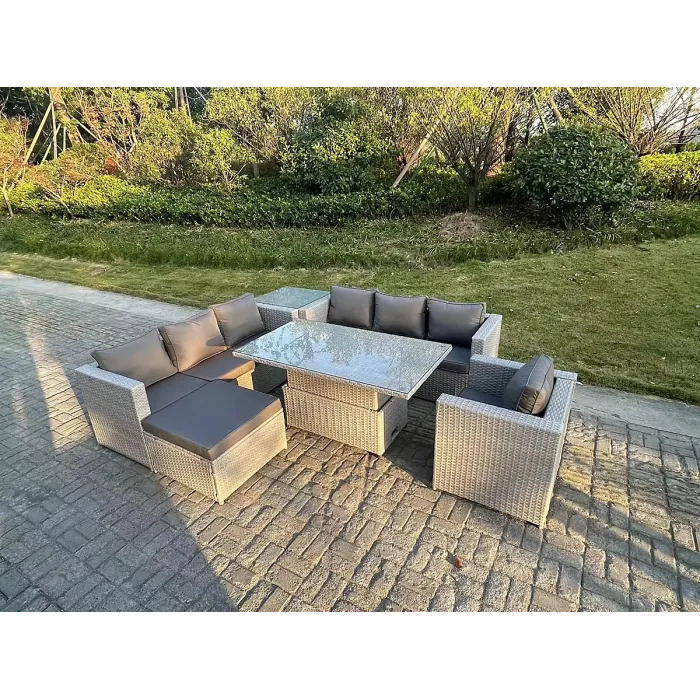 Fimous Rattan Garden Funiture Set Adjustable Rising Lifting Table Sofa Dining Set Side Coffee Tea Table Chair Footstool