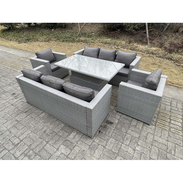 Fimous Rattan Garden Funiture Set Adjustable Rising Lifting Table Sofa Dining Set Lounge Sofa With 2 Arm Chair