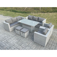 Fimous Rattan Garden Funiture Set Adjustable Rising Lifting Table Sofa Dining Set Lounge Sofa 2 Arm Chair Stool