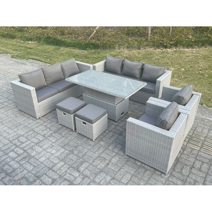 Fimous Rattan Garden Funiture Set Adjustable Rising Lifting Table Sofa Dining Set Lounge Sofa 2 Arm Chair Stool
