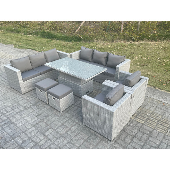 Fimous Rattan Garden Funiture Set Adjustable Rising Lifting Table Sofa Dining Set Lounge Sofa 2 Arm Chair Stool