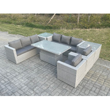 Fimous Rattan Garden Funiture Set Adjustable Rising Lifting Table Sofa Dining Set Lounge Sofa 2 Arm Chair 2 Side Table