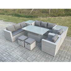 Fimous Rattan Garden Funiture Set Adjustable Rising Lifting Table Sofa Dining Set Lounge Chair 2 Side Table Stool