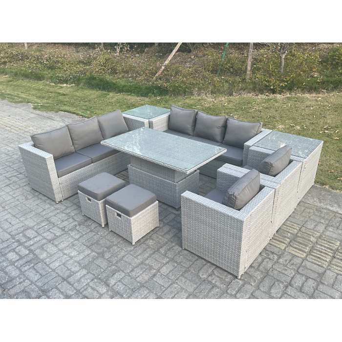Fimous Rattan Garden Funiture Set Adjustable Rising Lifting Table Sofa Dining Set Lounge Chair 2 Side Table Stool
