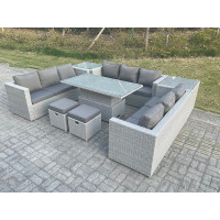 Fimous U Shape Lounge Rattan Garden Furniture Set Adjustable Rising Lifting Table Dining Set With 2 PC Side Coffee Tea Table Stool
