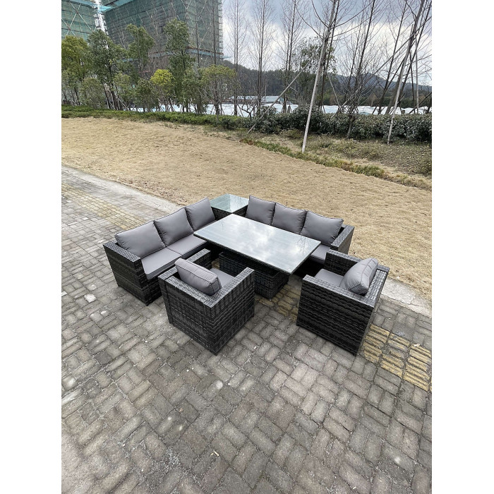 Fimous 8 Seater PE Rattan Corner Sofa Set Rising Adjustable Dining Table Set High Side Coffee Table With 2 Arm Chairs