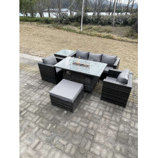Fimous PE Rattan Garden Furniture Gas Fire Pit Dining Table Armchairs High Side Coffee Table Big Footstool Dark Grey Mixed
