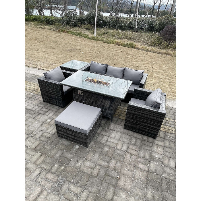 Fimous PE Rattan Garden Furniture Gas Fire Pit Dining Table Armchairs High Side Coffee Table Big Footstool Dark Grey Mixed