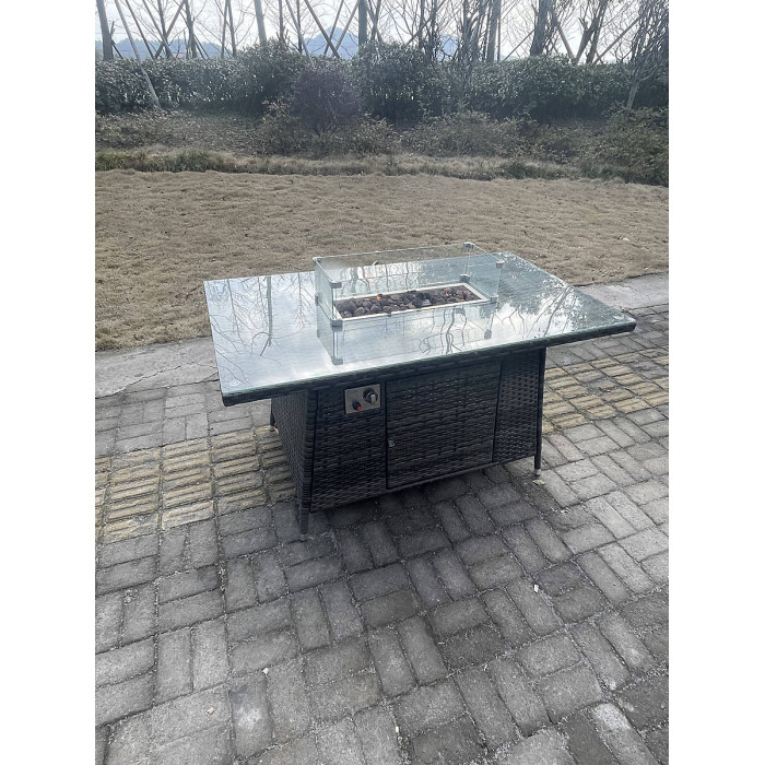 Fimous PE Rattan Garden Furniture Gas Fire Pit Dining Table Armchairs High Side Coffee Table Big Footstool Dark Grey Mixed