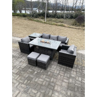 Fimous Outdoor PE Rattan Garden Furniture Gas Fire Pit Dining Table Armchairs With High Side Coffee Table 2 Stools Dark Grey Mixed