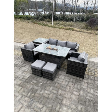 Fimous Outdoor PE Rattan Garden Furniture Gas Fire Pit Dining Table Armchairs With High Side Coffee Table 2 Stools Dark Grey Mixed