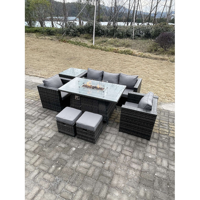 Fimous Outdoor PE Rattan Garden Furniture Gas Fire Pit Dining Table Armchairs With High Side Coffee Table 2 Stools Dark Grey Mixed