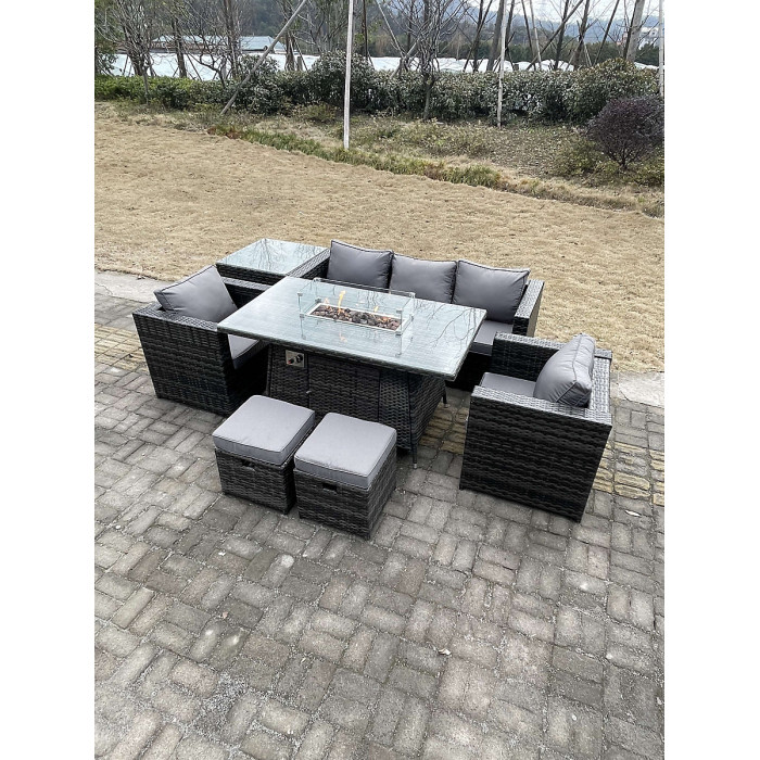 Fimous Outdoor PE Rattan Garden Furniture Gas Fire Pit Dining Table Armchairs With High Side Coffee Table 2 Stools Dark Grey Mixed