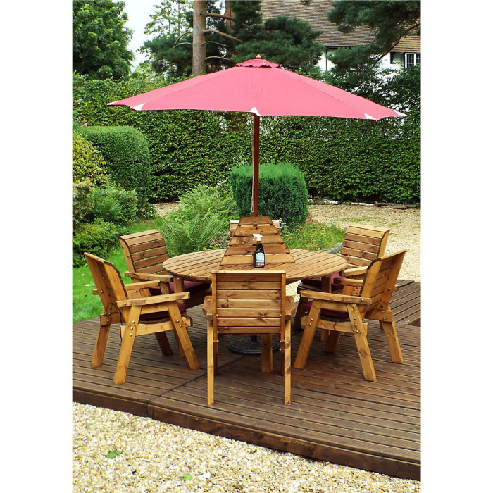 Traditional Six Seater Circular Table Set With 6 x Burgundy Chair Cushion 1 x Burgundy Parasol & Base & Cushion Storage Bag
