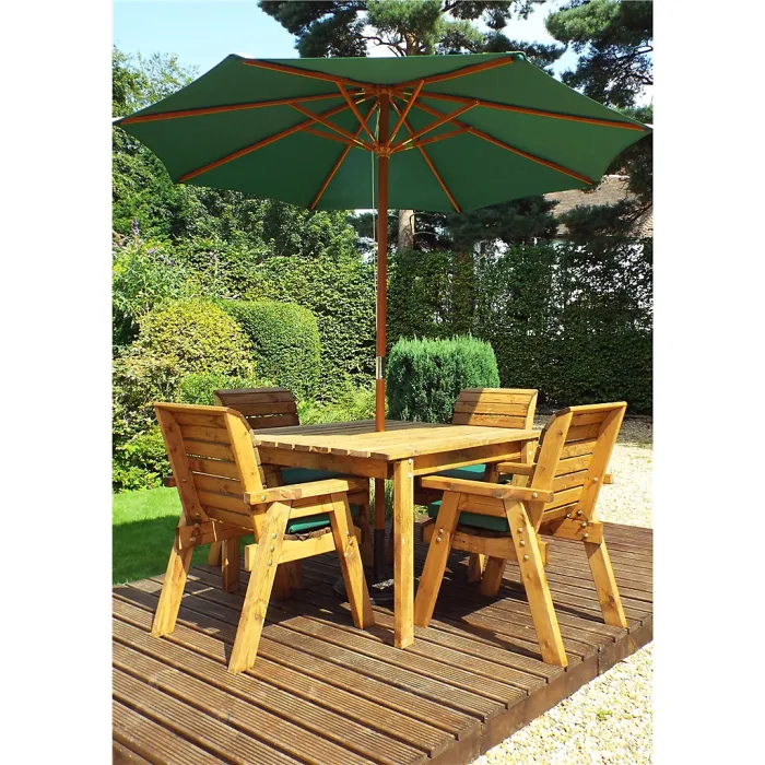 Traditional Four Seater Square Table Set With 4 x Green Chair Cushion 1 x Green Parasol & Base & Cushion Storage Bag