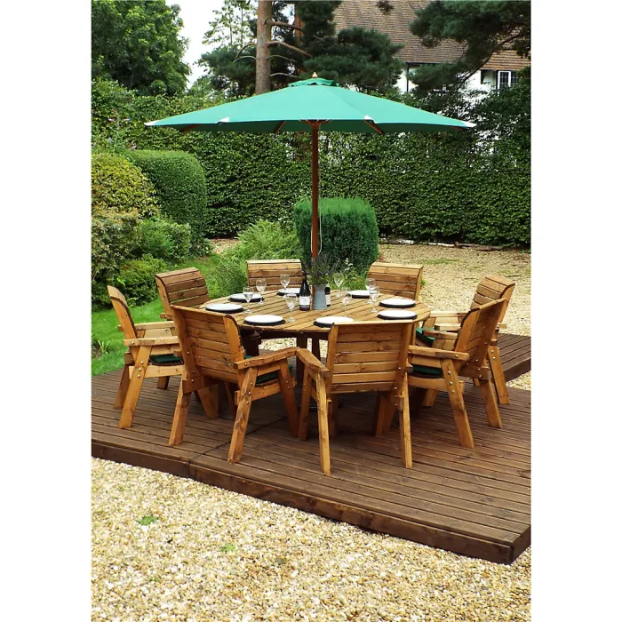 Traditional Eight Seater Circular Table Set with 8 x Green Chair Cushion, 1x Green Parasol & Base & 1 x Cushion Storage Bag