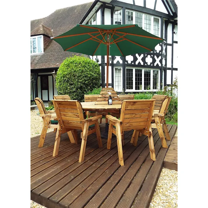Traditional Eight Seater Circular Table Set with 8 x Green Chair Cushion, 1x Green Parasol & Base & 1 x Cushion Storage Bag