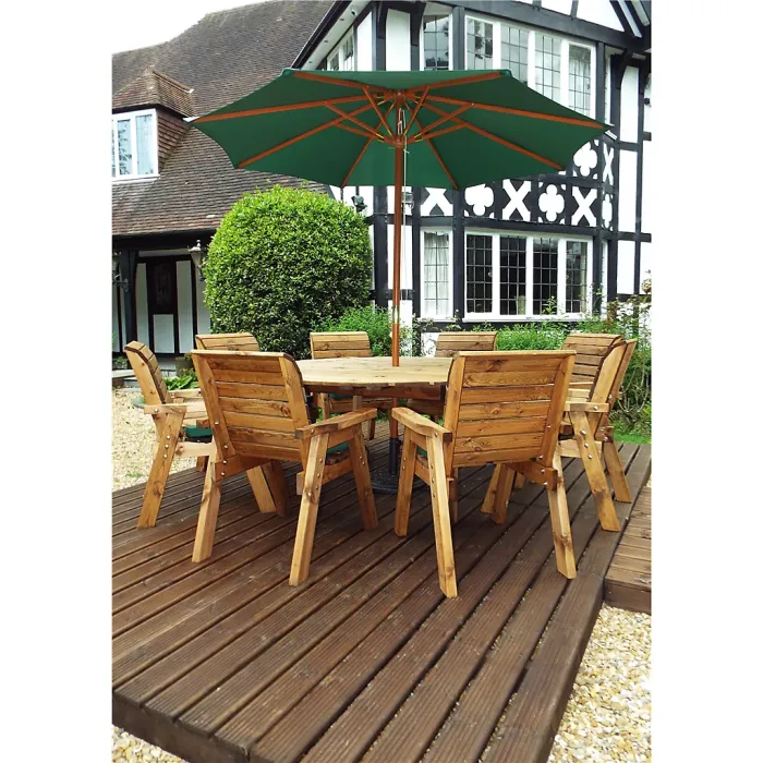Traditional Eight Seater Circular Table Set with 8 x Green Chair Cushion, 1x Green Parasol & Base & 1 x Cushion Storage Bag