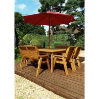Eight Seat Table Set with 2x Bench Cushion, 4x Chair Cushion & 1x Burgundy Parasol & Base & 1x Cushion Storage Bag