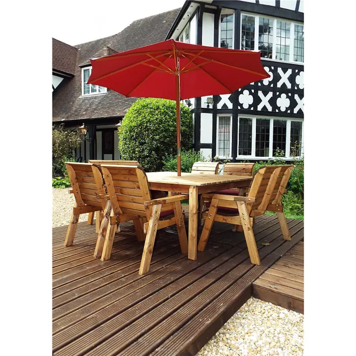 Eight Seat Table Set with 2x Bench Cushion, 4x Chair Cushion & 1x Burgundy Parasol & Base & 1x Cushion Storage Bag