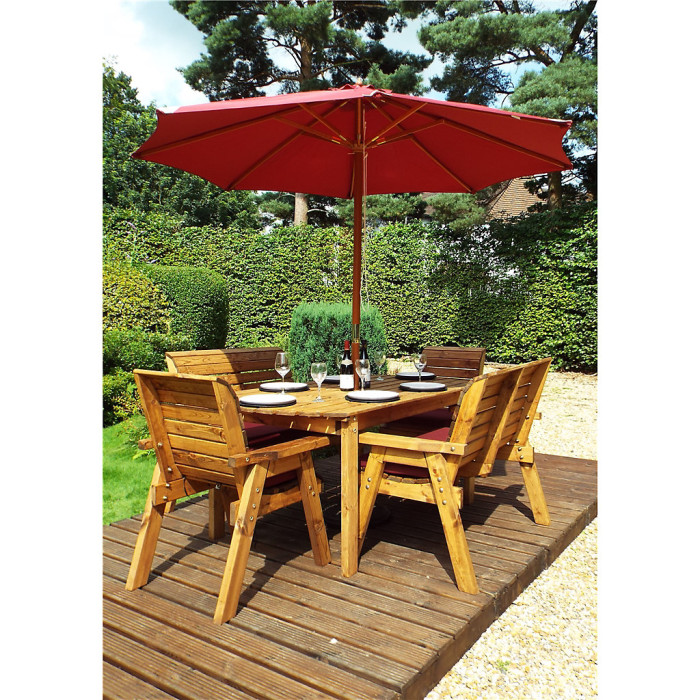 Six Seat Rectangular Table Set With 2 x Bench Cushion 2 x Chair Cushion, 1 x Burgundy Parasol & Base & Cushion Storage Bag