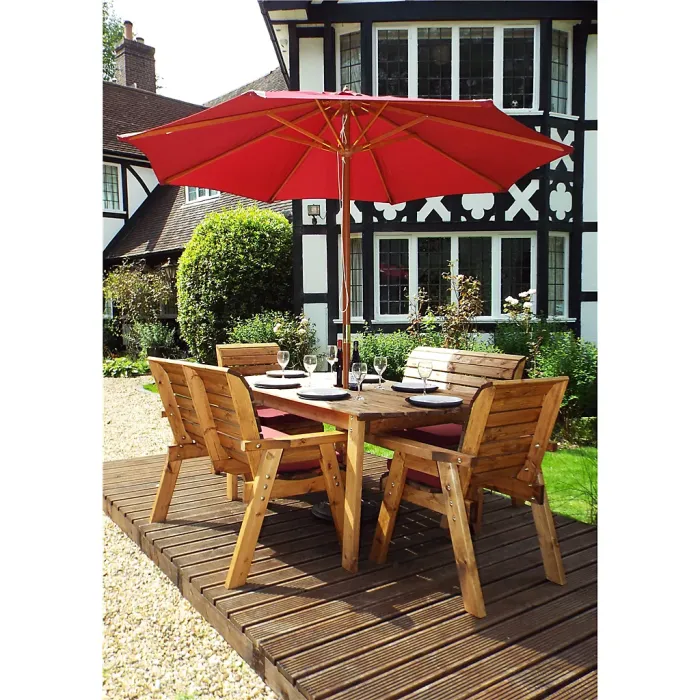 Six Seat Rectangular Table Set With 2 x Bench Cushion 2 x Chair Cushion, 1 x Burgundy Parasol & Base & Cushion Storage Bag