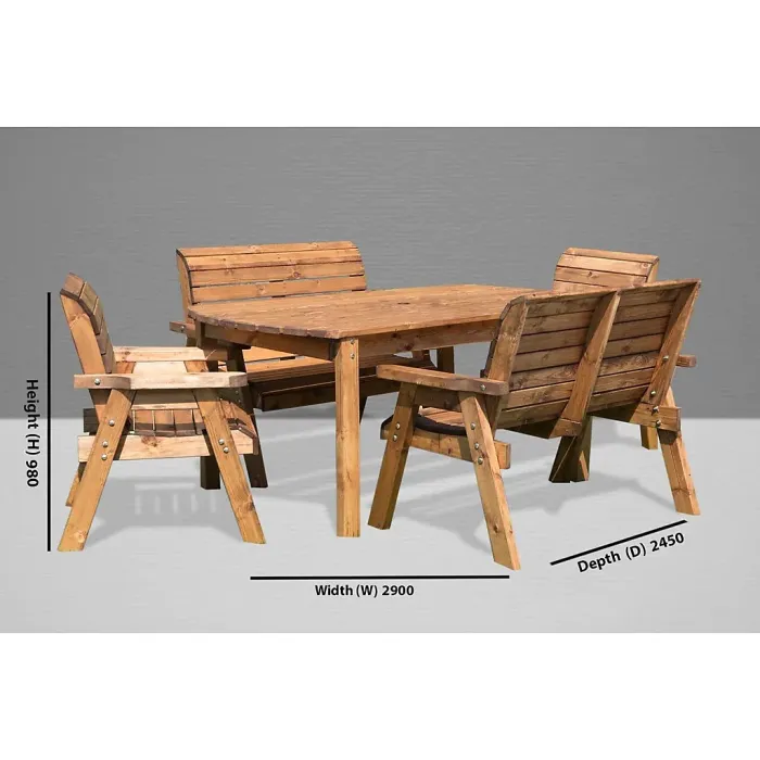 Six Seat Rectangular Table Set With 2 x Bench Cushion 2 x Chair Cushion, 1 x Burgundy Parasol & Base & Cushion Storage Bag