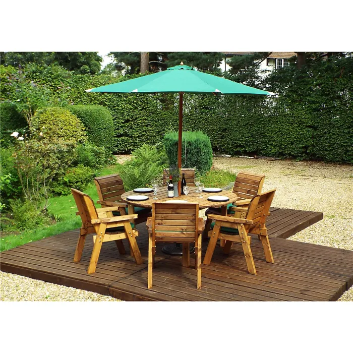Traditional Six Seater Circular Table Set With 6 x Green Chair Cushion 1 x Green Parasol & Base & Cushion Storage Bag