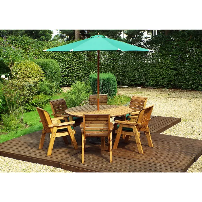 Traditional Six Seater Circular Table Set With 6 x Green Chair Cushion 1 x Green Parasol & Base & Cushion Storage Bag