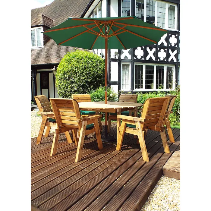 Traditional Six Seater Circular Table Set With 6 x Green Chair Cushion 1 x Green Parasol & Base & Cushion Storage Bag