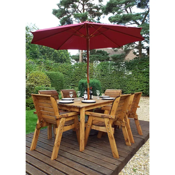 Traditional Six Seater Rectangular Table Set With 6 x Burgundy Chair Cushion 1 x Burgundy Parasol & Base & Cushion Storage Bag
