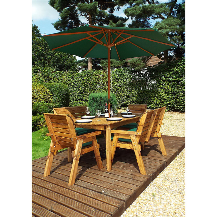 Six Seat Rectangular Table Set With 2 x Bench Cushion 2 x Chair Cushion, 1 x Green Parasol & Base & Cushion Storage Bag