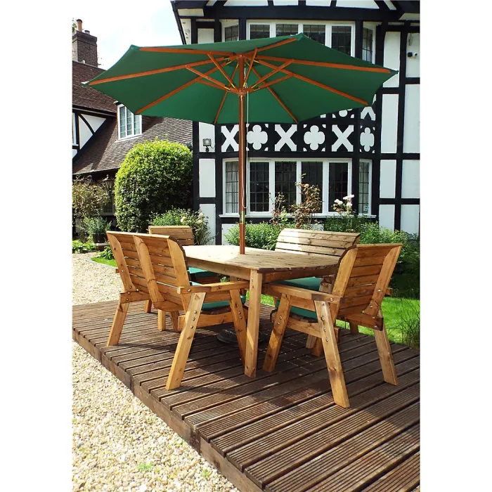 Six Seat Rectangular Table Set With 2 x Bench Cushion 2 x Chair Cushion, 1 x Green Parasol & Base & Cushion Storage Bag