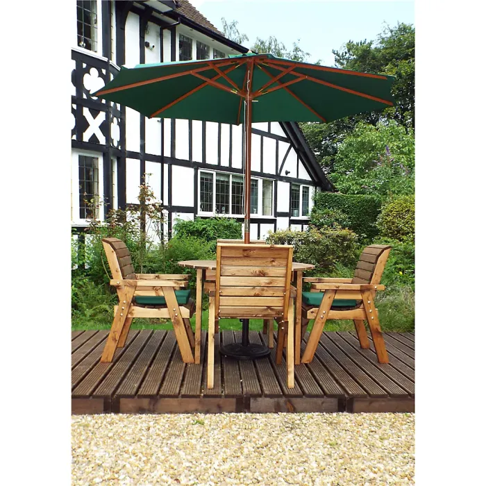 Traditional Four Seater Round Table Set With 4 x Green Chair Cushion 1 x Green Parasol & Base & Cushion Storage Bag