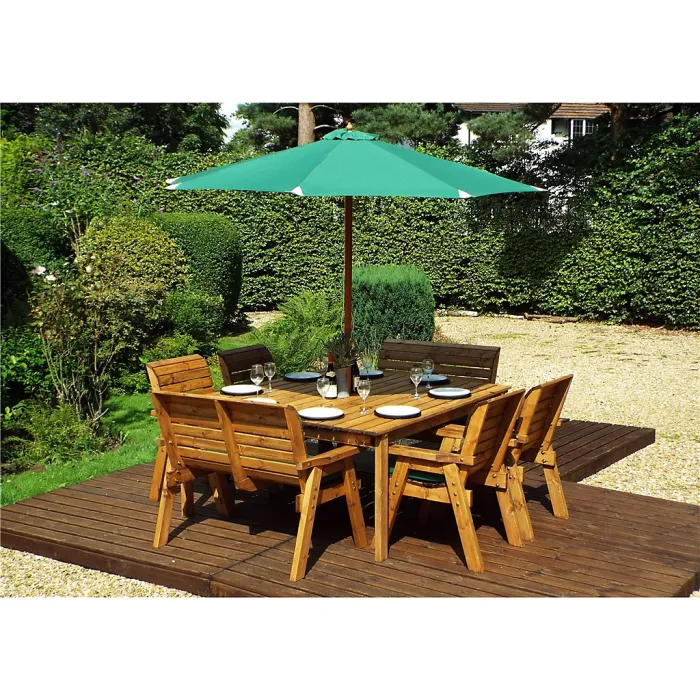 Traditional Eight Seater Table Set with 2 x Bench Cushion, 4 x Chair Cushion, 1 x Green Parasol & Base & 1 x Cushion Storage Bag