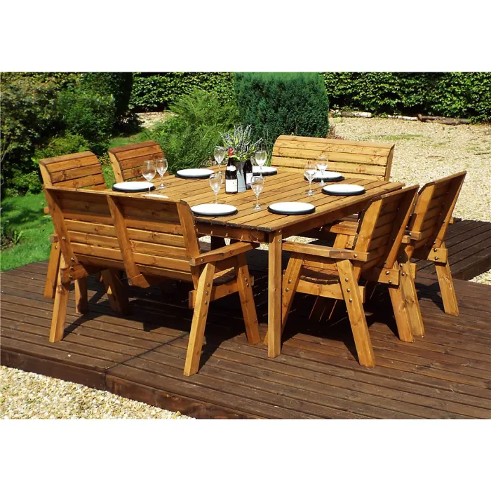 Traditional Eight Seater Table Set with 2 x Bench Cushion, 4 x Chair Cushion, 1 x Green Parasol & Base & 1 x Cushion Storage Bag