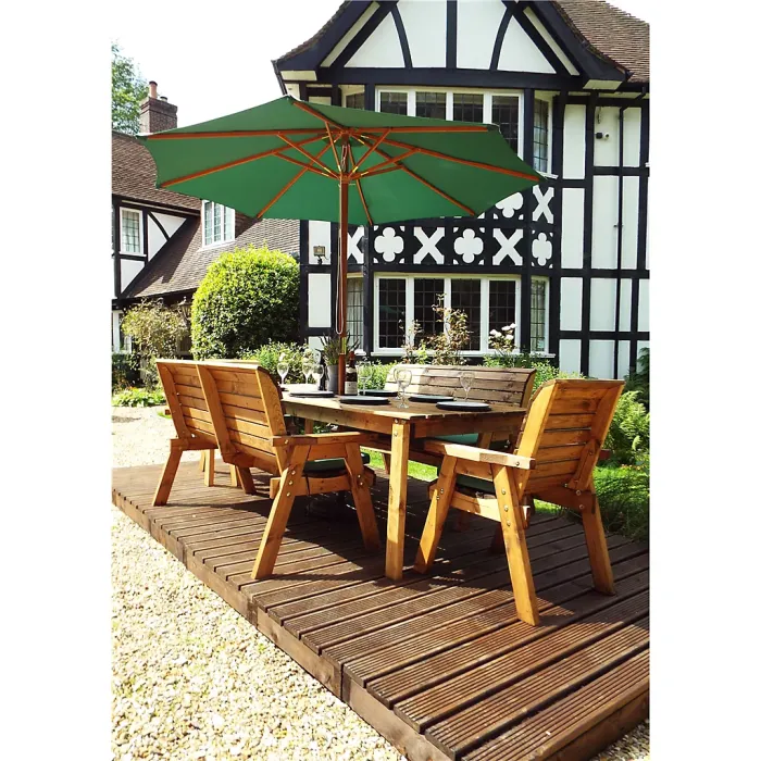 Eight Seat Rectangle Table Set with 2x Chair Cushion, 2x Winchester Cushion, 1x Green Parasol & Base & 1x Cushion Storage Bag