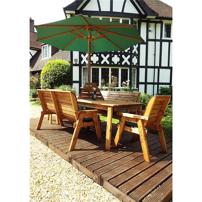 Eight Seat Rectangle Table Set with 2x Chair Cushion, 2x Winchester Cushion, 1x Green Parasol & Base & 1x Cushion Storage Bag