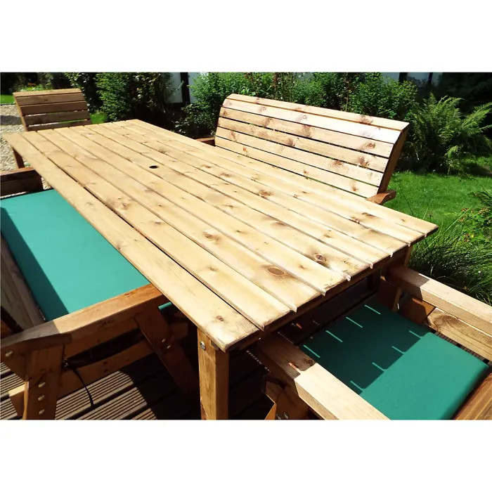 Eight Seat Rectangle Table Set with 2x Chair Cushion, 2x Winchester Cushion, 1x Green Parasol & Base & 1x Cushion Storage Bag