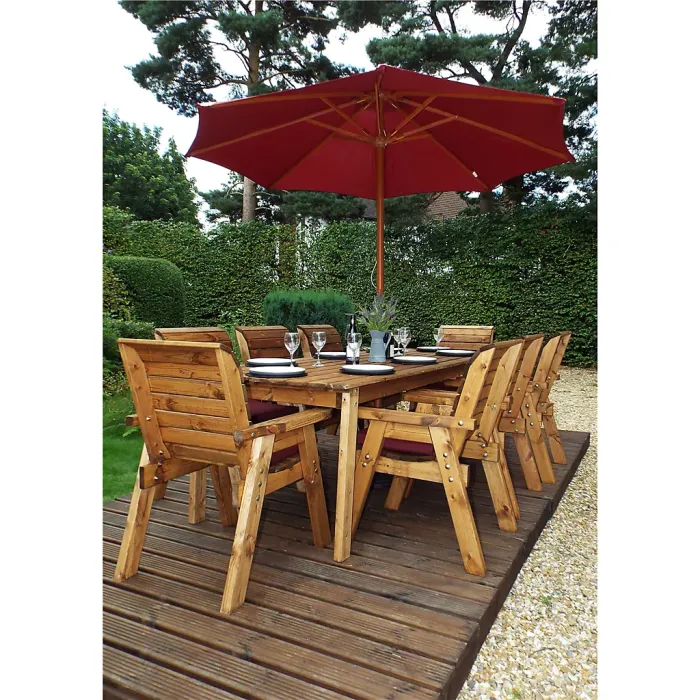 Traditional Eight Seater Rectangle Table Set with 8 x Burgundy Chair Cushion, 1x Burgundy Parasol & Base & 1 x Cushion Storage Bag