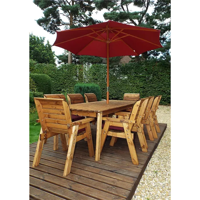 Traditional Eight Seater Rectangle Table Set with 8 x Burgundy Chair Cushion, 1x Burgundy Parasol & Base & 1 x Cushion Storage Bag