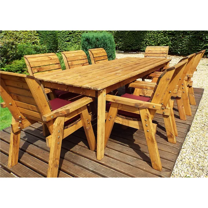 Traditional Eight Seater Rectangle Table Set with 8 x Burgundy Chair Cushion, 1x Burgundy Parasol & Base & 1 x Cushion Storage Bag