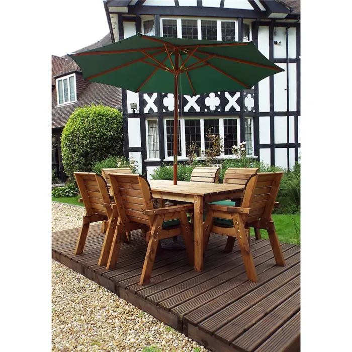 Traditional Six Seater Rectangular Table Set With 6 x Green Chair Cushion 1 x Green Parasol & Base & Cushion Storage Bag