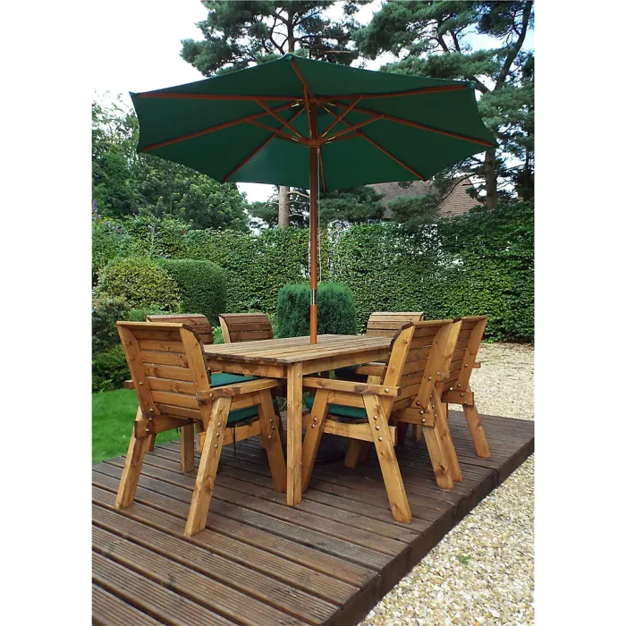 Traditional Six Seater Rectangular Table Set With 6 x Green Chair Cushion 1 x Green Parasol & Base & Cushion Storage Bag
