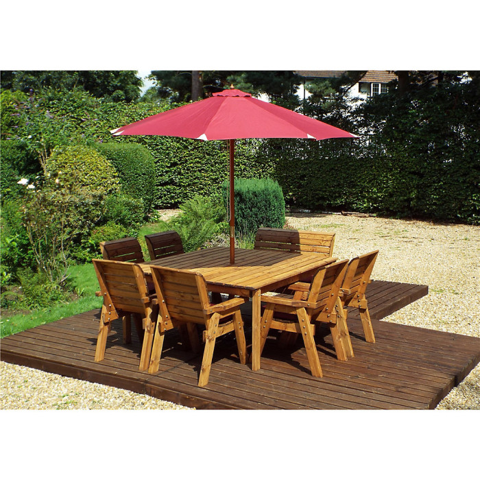Traditional Eight Seater Table Set with 6 x Chair Cushion, 1 x Bench Cushion, 1 x Burgundy Parasol & Base & Cushion Storage Bag