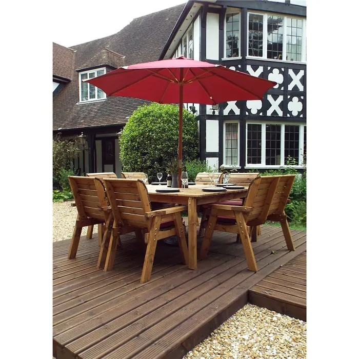 Traditional Eight Seater Table Set with 6 x Chair Cushion, 1 x Bench Cushion, 1 x Burgundy Parasol & Base & Cushion Storage Bag