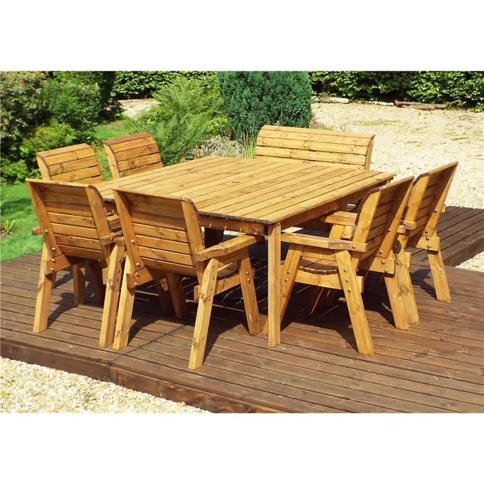 Traditional Eight Seater Table Set with 6 x Chair Cushion, 1 x Bench Cushion, 1 x Burgundy Parasol & Base & Cushion Storage Bag