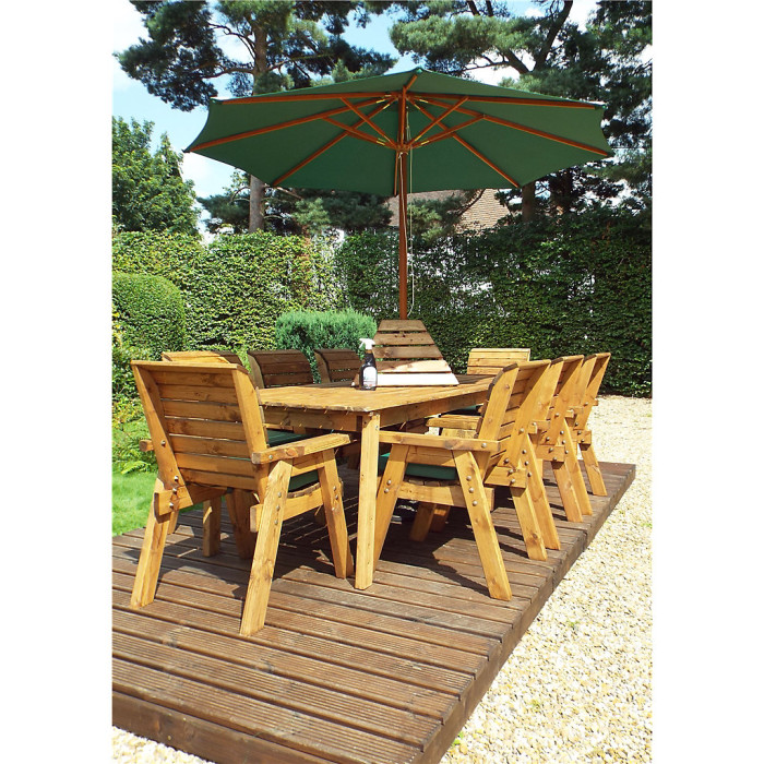 Traditional Eight Seater Rectangle Table Set with 8 x Green Chair Cushion, 1 x Green Parasol & Base & 1 x Cushion Storage Bag