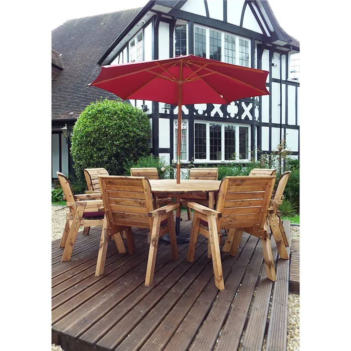 Traditional Eight Seater Circular Table Set with 8 x Burgundy Chair Cushion, 1x Burgundy Parasol & Base & 1 x Cushion Storage Bag